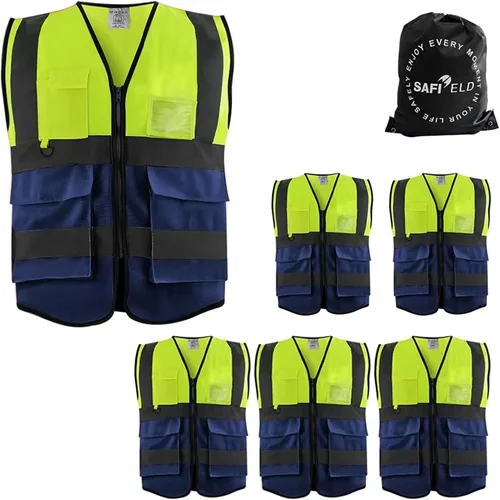 Miniatura 8 de Chaleco de trabajo reflectante de seguridad, paquete de 6 para hombres y mujeres, con 8 bolsillos y cremallera, ropa exterior de construcción