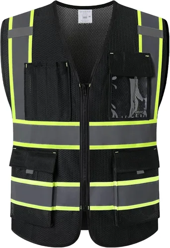 Miniatura 15 de Chaleco de seguridad de malla reflectante para hombres y mujeres con 5 bolsillos y cremallera frontal, chaleco de malla de alta visibilidad Hi Vis