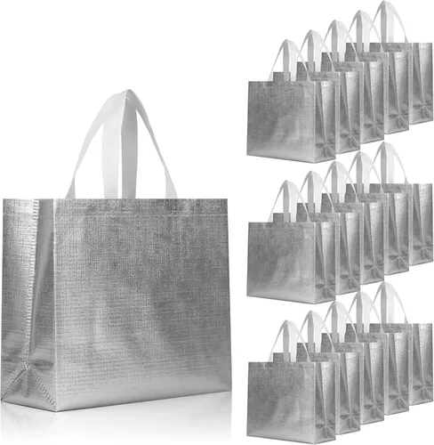 Miniatura 12 de cabzymx 16 bolsas de regalo reutilizables rosadas, bolsa de regalo de vacaciones con diseño metálico brillante con asas y bases, bolsa de regalos