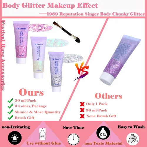 Miniatura 3 de Gel con purpurina para el cuerpo y la cara: Accesorios para conciertos de cantantes, disco, festival, rave, maquillaje con purpurina facial, 150 ml