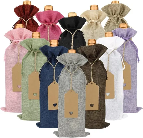 FASOTY Bolsas de vino de arpillera, 12 bolsas de regalo reutilizables para botellas de vino con cordón, etiquetas de regalo y cuerdas para bodas,
