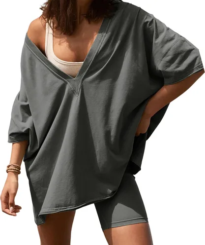 Athlisan Conjunto de 2 piezas de pantalones cortos para mujer de gran tamaño con cuello en V, pantalones cortos de motociclista, conjunto reversible