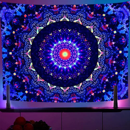OSVINO Tapiz de mandala trippy de luz negra, 59 x 51 pulgadas, tapiz de fantasía reactiva a los rayos UV, decoración de pared para sala de estar,