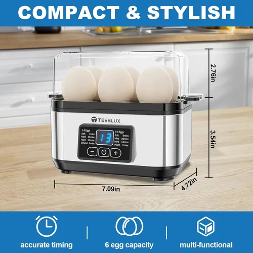 Miniatura 2 de Tesslux Olla eléctrica rápida para huevos, capacidad de 6 huevos para huevos duros, huevos escalfados, huevos revueltos u tortillas con apagado