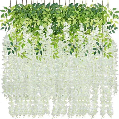 Miniatura 8 de Paquete de 12 flores colgantes de glicina artificial, guirnalda de flores de glicina falsas, enredaderas de seda, decoración de ratán para el hogar
