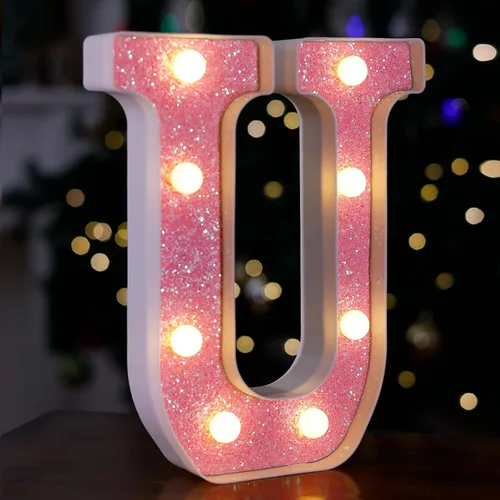 Miniatura 17 de Letras con luces LED, letras de marquesina con brillantina rosa, letras del alfabeto, letreros iluminados por pilas, para decoración de fiestas