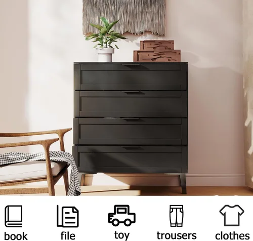 Miniatura 5 de TaoHFE Cómoda negra de 4 cajones para dormitorio, cómoda de lencería de madera para dormitorio, moderna cómoda negra de 36 pulgadas de alto