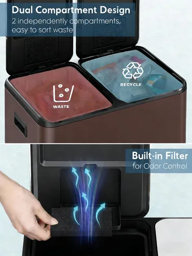 Miniatura 3 de Arlopu Cubo de basura doble de 16 galones con 2 cajas integradas para control de olores, cubo de basura de cocina manos libres, cubo de basura