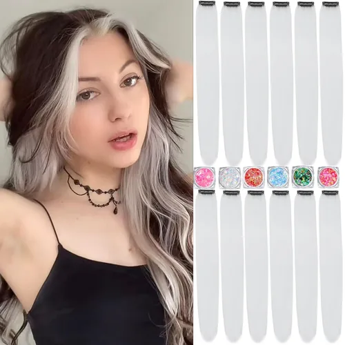 Miniatura 10 de Extensiones de cabello de colores, extensión de cabello liso con clip de 22 pulgadas, extensiones de cabello con brillantina multicolor arcoíris