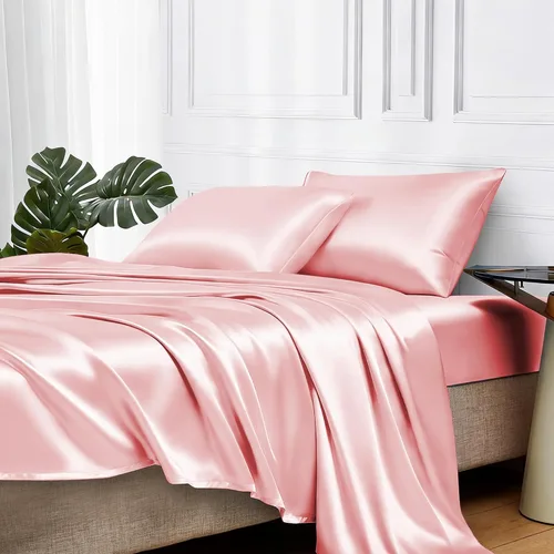 Miniatura 57 de MR&HM Sábanas de satén para cama de tamaño King, juego de 4 piezas de ropa de cama sedosa con bolsillo profundo de 15 pulgadas para colchón