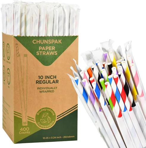 Miniatura 12 de Pajitas de papel desechables envueltas individualmente de 7.75 x 0.24 pulgadas, rayas coloridas [400 unidades] - biodegradables ecológicos