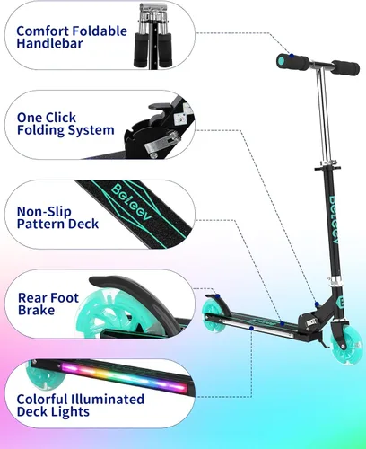 Miniatura 6 de BELEEV V1 Patinetas para niños, patineta plegable de 2 ruedas para niños y niñas, 3 alturas ajustables, ruedas iluminadas, patineta ligera