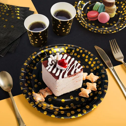 Miniatura 6 de HOMIX Suministros de fiesta negros y dorados, 175 piezas, platos desechables de papel negro, servilletas, vasos, tenedores de plástico dorado