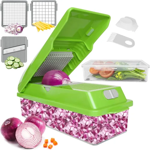 Miniatura 8 de LHS Picador profesional multifuncional de verduras con contenedores de almacenamiento de alimentos, cortador de mandolina, cortador de cebolla, Verde