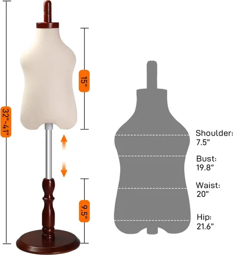 Miniatura 2 de Bonnlo Forma de Vestido Infantil Mejorada, 2-3 Años, 3-4 Años, Torso de Maniquí para Niños Pequeños con Soporte Ajustable de Madera y Goma