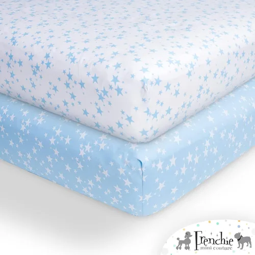 Miniatura 3 de Frenchie Mini Couture Sábanas bajeras para cuna, 100% algodón, se adaptan a colchones de niños pequeños, estrellas azules, 28 x 52 pulgadas, paquete
