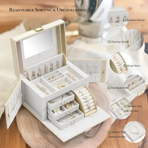 Miniatura 4 de Vlando Organizador de joyero con espejo, caja de almacenamiento de joyería de cuero, collares, aretes, anillos, soportes, relojes, caja