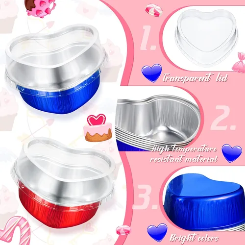 Miniatura 3 de Honeydak 100 juegos de moldes para hornear con forma de corazón, mini molde de aluminio de 3.4 onzas, lata desechable para cupcakes con tapas