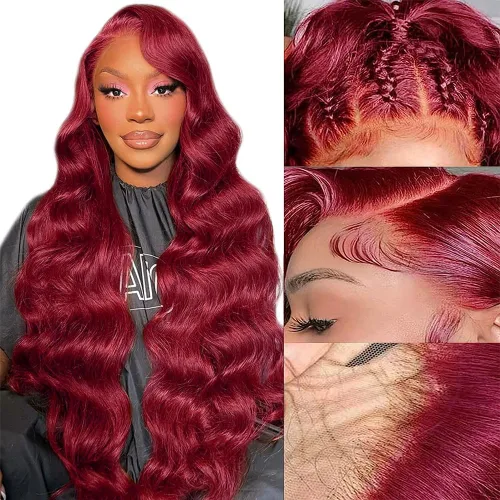 ZGWG Pelucas de cabello humano con encaje frontal de color rojo, densidad del 180%, 13x6, 99J, pelucas de cabello humano virgen brasileño 12A