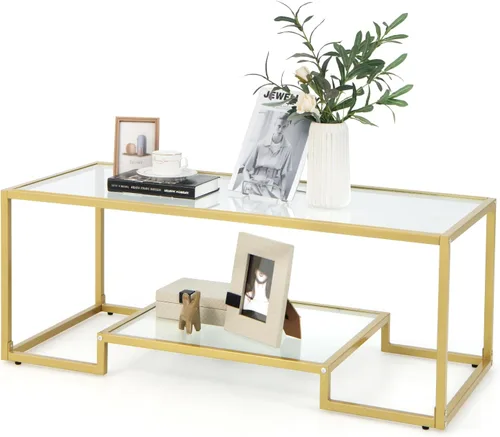 Miniatura 8 de NAFORT Mesa de centro de cristal templado, mesa central moderna rectangular dorada de 45 pulgadas con estante de almacenamiento inferior