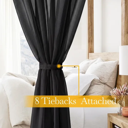 Miniatura 3 de RYB HOME Canopy Bed Curtains with Tie Tops and Tie Backs, White Sheer for Twin Full Queen King Bed, 8 Panels, Black, 45 inch Wide by 96 inch Long