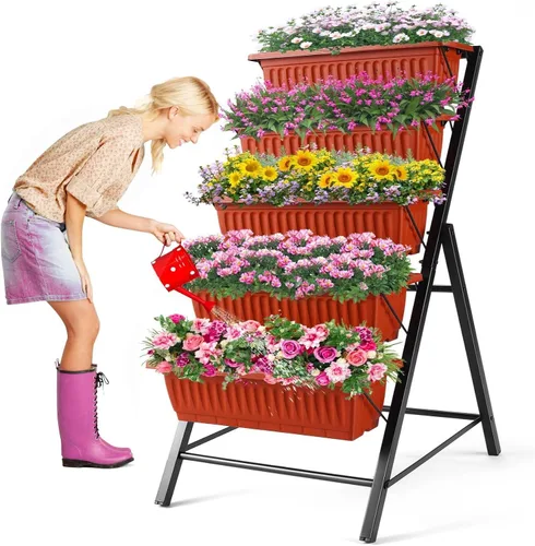 Miniatura 10 de Homdox Cama de jardín vertical de 3.74 pies, maceta elevada vertical de 5 niveles, 23 x 26 x 45 pulgadas, cama elevada para jardín al aire libre