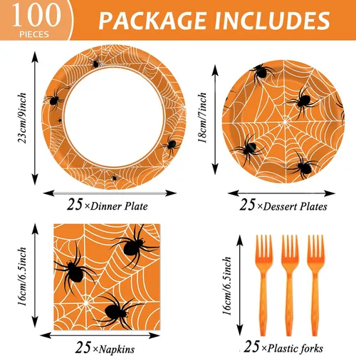Miniatura 2 de 100 Piezas Platos y Servilletas de Fiesta de Telaraña - Juego de Vajilla de Halloween en Blanco y Negro para 25 Invitados