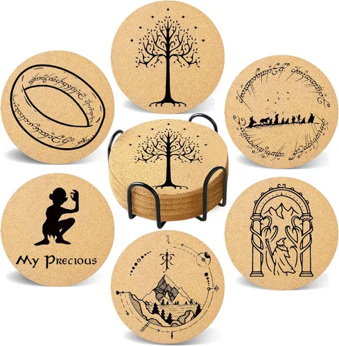 Portavasos para bebidas con soporte, juego de 6, posavasos de corcho absorbente de El Señor de los Anillos para tazas, escritorio, oficina, mesa,