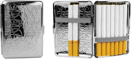 Miniatura 10 de Juego de 2 cajas de cigarrillos compactas chapadas en metal tamaño King con bandas elásticas (pergamino victoriano dorado)