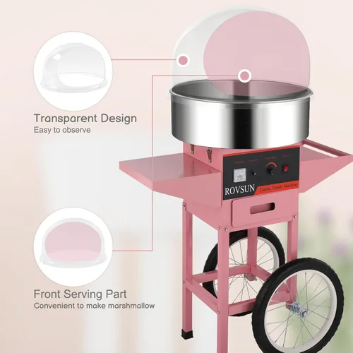 Miniatura 3 de ROVSUN Carrito de máquina de algodón de azúcar de 21 pulgadas, máquina eléctrica de algodón para hacer hilo dental con tapa, cuenco de acero Rosa