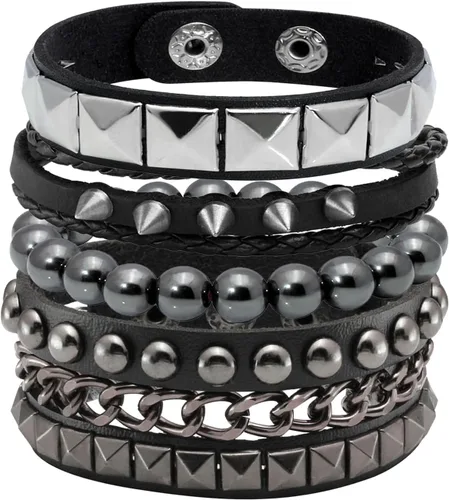 Miniatura 2 de Eigso Juego de 4 pulseras de cuero punk, con tachuelas de roca para hombres y mujeres, estilo retro, clásico, con pinchos, de metal, para hombre