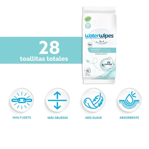 Miniatura 2 de WaterWipes Sensitive+ On The Go Wipes, 3 en 1 limpia, cuida, protege, 99.9% de agua, toallitas húmedas hipoalergénicas y sin perfume, 28