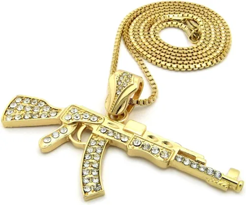Miniatura 3 de Mens Iced Out ametralladora AK47Chopper, arma Uzi, pistola de mano, caja colgante, cuerda, cadena cubana, set de 3 collares con dije