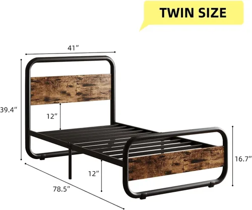 Miniatura 2 de Catrimown - Marco para cama individual con luces LED, marco de cama plataforma individual resistente de metal rústico con cabecera de madera