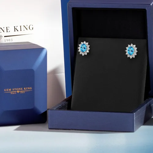 Miniatura 187 de Gem Stone King Aretes ovalados de plata de ley 925 de 0.276 x 0.197 in con piedra natal de la princesa Diana, estilo halo real para mujeres