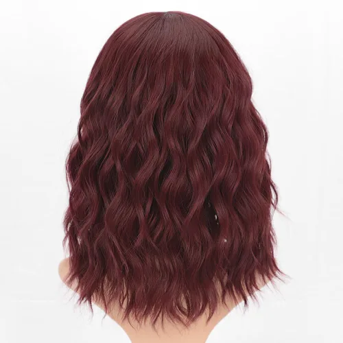Miniatura 5 de AISI HAIR Peluca rizada estilo Bob con flequillo, pelucas cortas onduladas de color rojo vino para mujer, estilo Bob, pelucas sintéticas resistentes