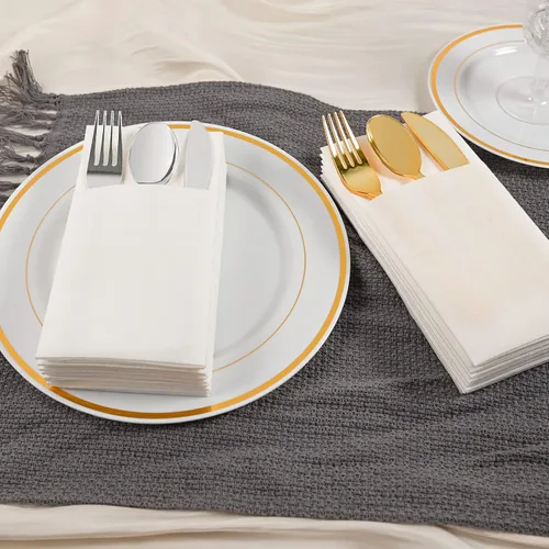 Miniatura 7 de Servilletas desechables de color blanco, paquete de 100 servilletas de papel de tacto de lino con bolsillo integrado para cubiertos, tela preplegada