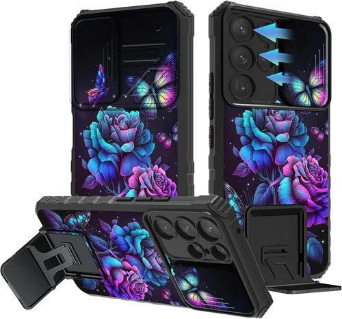 Miniatura 36 de Funda para Samsung Galaxy S22 Ultra 5G, Galaxy S22 Ultra con cubierta de cámara deslizante, funda resistente de doble capa con función atril Black