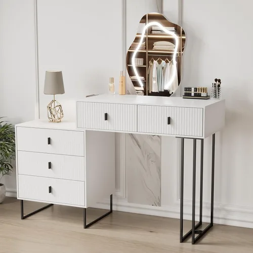 Dancongtea Escritorio de tocador blanco con espejo iluminado con pantalla táctil de 3 colores, 5 cajones, juego de mesa de tocador de maquillaje con