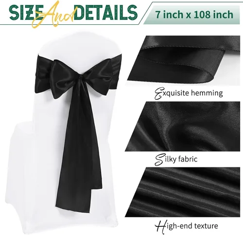 Miniatura 3 de 60 bandas para sillas de satén negro, diseño de lazos con lazos, para decoración de sillas para Acción de Gracias, boda, Navidad, banquetes