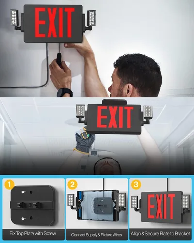 Miniatura 6 de Sunco - Paquete de 6 letreros de salida negros con luces de emergencia, dos luces LED ajustables, 94V-0 resistentes al fuego, batería de respaldo