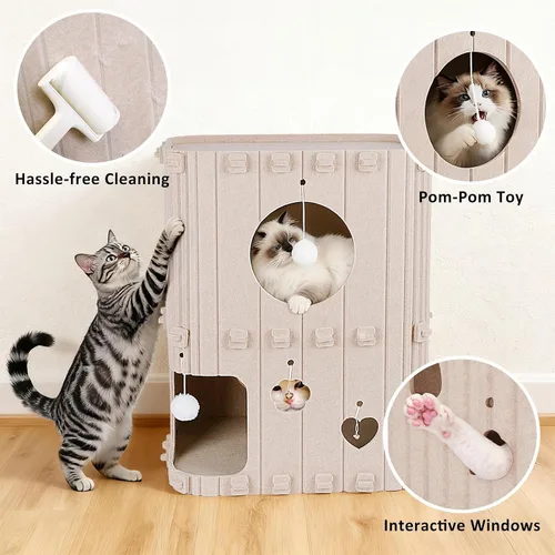 Miniatura 6 de Casa para gatos de interior – Cueva cerrada de 2 pisos para gatos múltiples y grandes, cubierta de fieltro para mascotas, túnel de condominio, cubo