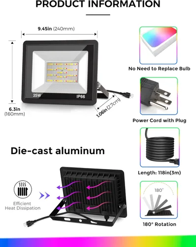 Miniatura 6 de L LOHAS LED Luz de Inundación LED RGB para Exteriores, 25W Luces de Fiesta DIY que Cambian de Color con Control Remoto, Luz de Patio