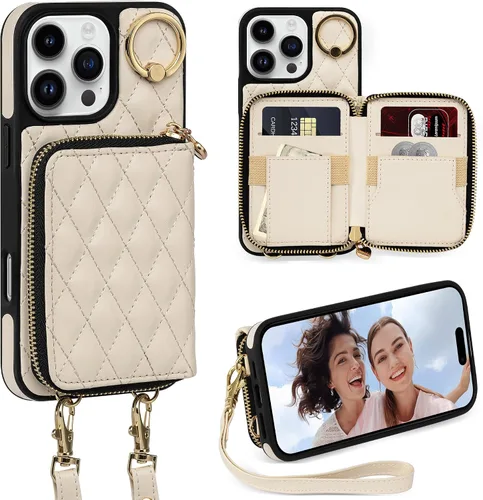 Miniatura 17 de Funda tipo cartera para iPhone 15 de 6.1 pulgadas, bolso cruzado con cremallera y correa para la muñeca con cordón para mujer, tarjetero con bloqueo