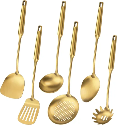 Miniatura 9 de Juego de utensilios de cocina de acero inoxidable 304 mate, 11 piezas de utensilios de cocina de metal largo con espátula, cuchara, cucharón, Dorado