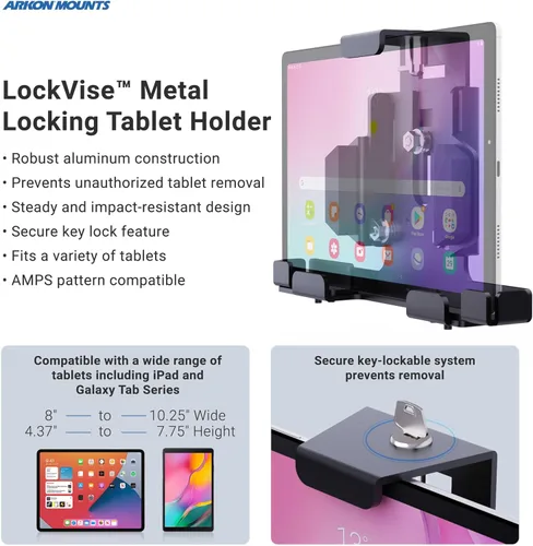 Miniatura 3 de ARKON Soportes de bloqueo de aluminio para tableta con cerradura de llave para E-Log para modelos Galaxy Tab A iPad