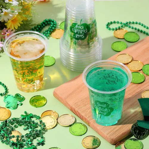 Miniatura 4 de Aoriher 100 tazas de trébol del día de San Patricio de 12 onzas desechables de plástico para feliz día de San Patricio, tazas verdes transparentes