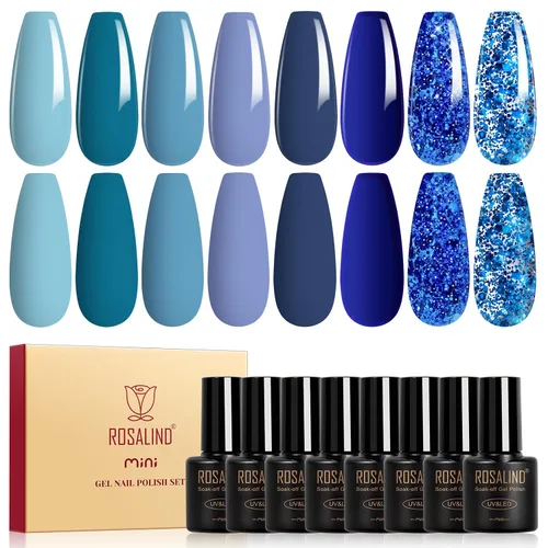 ROSALIND Esmalte de uñas de gel azul, 8 colores azul marino claro azul oscuro con purpurina, juego de esmalte de uñas UV MINI Aquarius para manicura