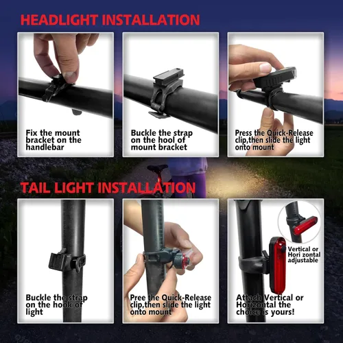 Miniatura 7 de Kunhe Luces de bicicleta recargables USB-C delanteras y traseras (2 o 4 o 10 o 20 paquetes) conducción nocturna para niños y adultos, 3 modos