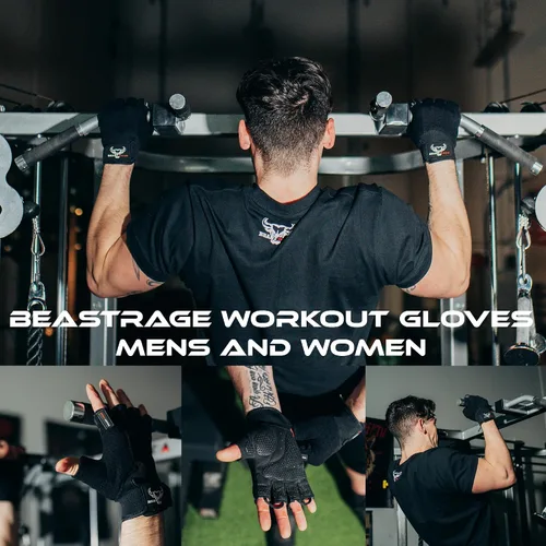 Miniatura 2 de BEAST RAGE Guantes de entrenamiento para hombres, guantes de gimnasio duraderos con agarre de palma para mujeres, medio dedo, elástico, Negro